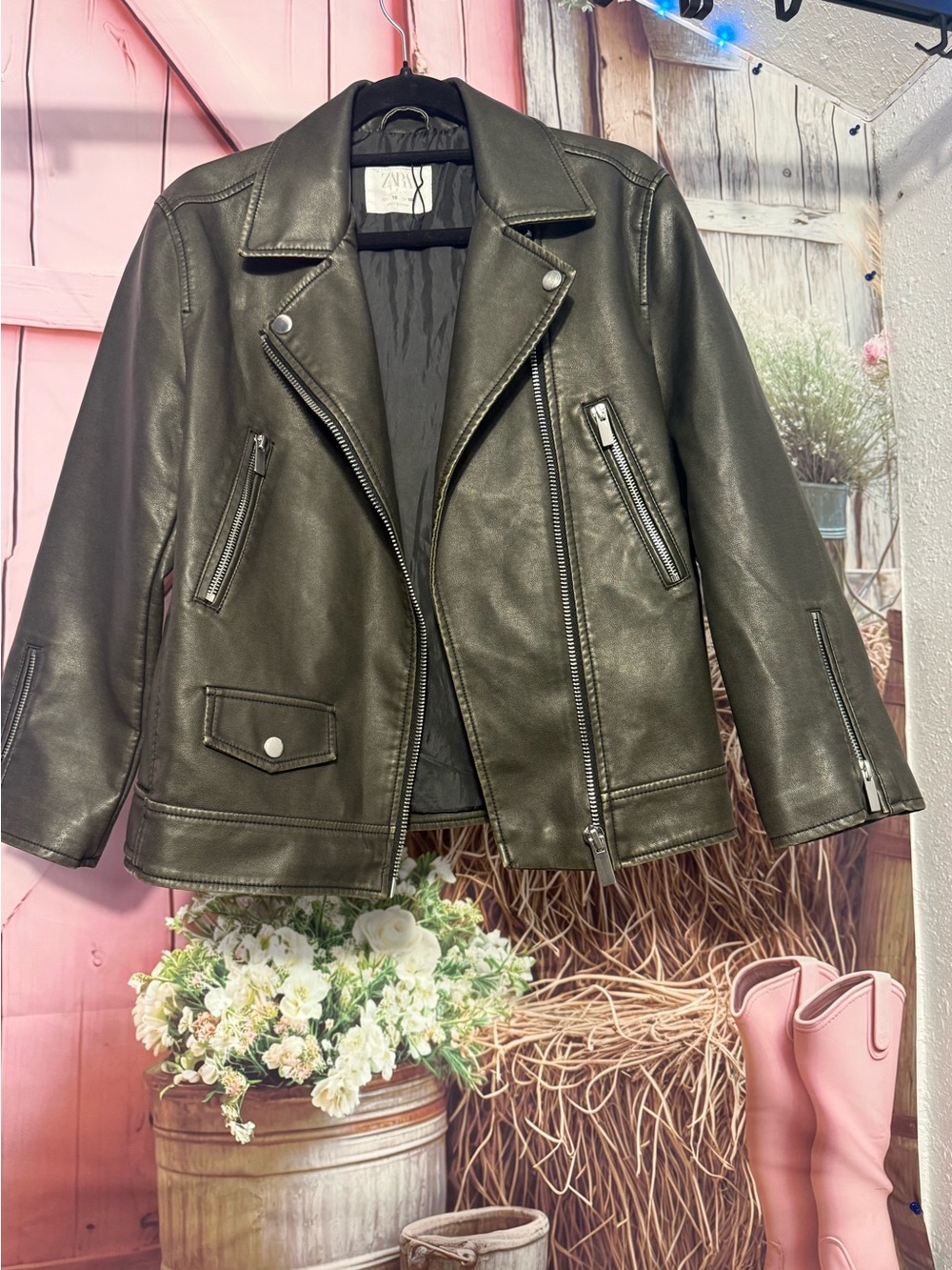 ZARA Olive Green Faux Leather Biker Jacket